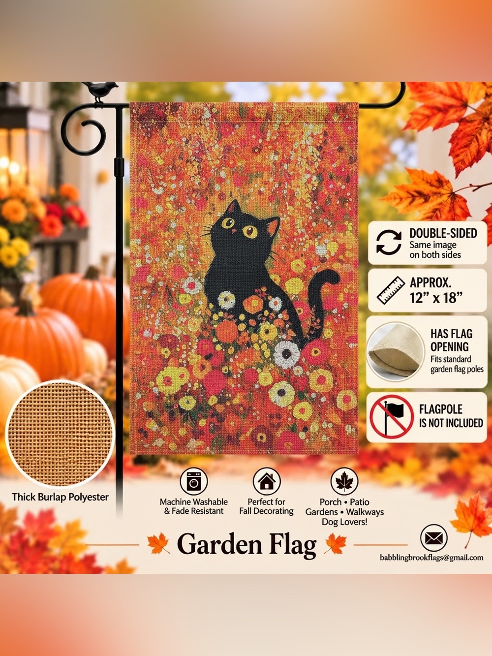 Garden Flag, Fall Black Cat, burlap, double-sided, approx 12βx18β